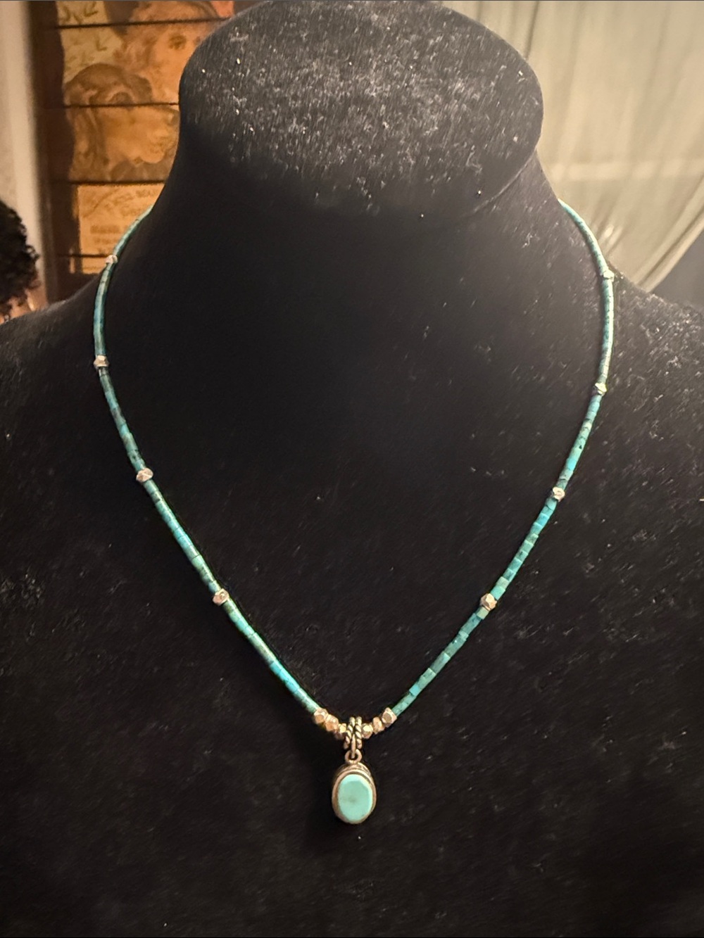 Artist created sterling silver and genuine turquoise beaded necklace w pendent